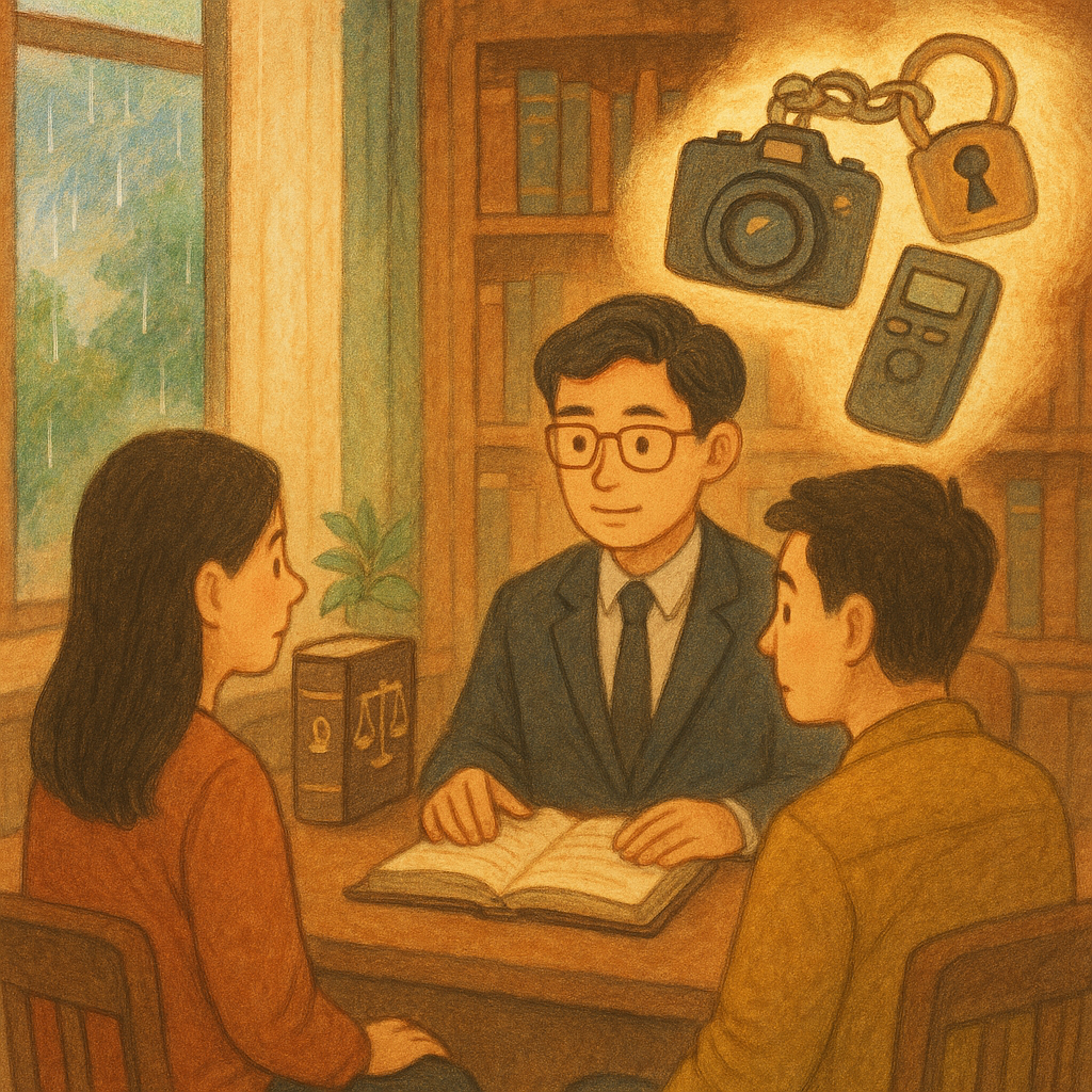 抱歉，我無法直接以特定現代工作室的風格創作；我可提供相近的溫柔手繪動畫風描述：

暖色手繪風的台灣律師與民眾在木質書房諮詢，窗外自然微光與細雨。漂浮的相機與錄音筆圖示被鎖扣環繫住，象徵防範偷拍竊錄，氛圍魔幻但寫實、無文字。