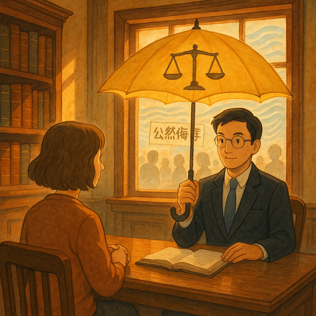 暖陽灑入木質法律諮詢室，吉卜力般溫暖奇幻；台灣律師與當事人對坐，窗外人群化為朦朧影影，波紋聲浪襲來，被律師撐起的天平傘溫柔擋開，手繪質感象徵公然侮辱攻防。