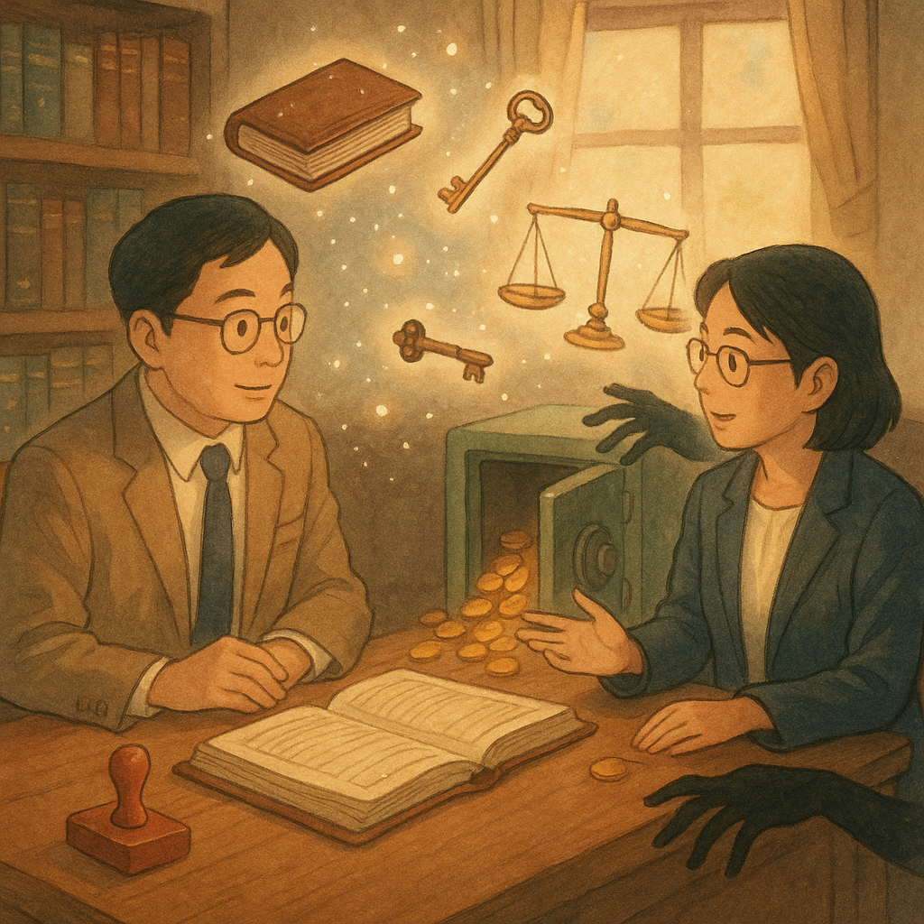 柔光下的律師事務所裡，兩位台灣專業人士相談，桌上帳冊與印章、天平與鑰匙以精靈般光點漂浮，保險箱半開金幣微溢，暗影手悄伸象徵業務侵占。手繪質感、吉卜力式溫暖奇幻，無文字。