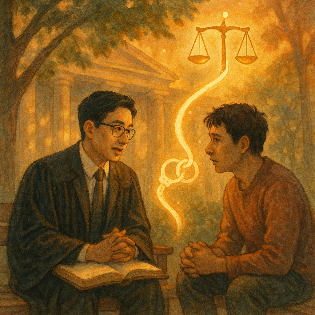 暖色自然光下，台灣律師與當事人於樹影法庭洽談；天秤與手銬化作援手與發光路徑，象徵幫助犯的結論與行動建議；溫暖魔幻手繪質感、柔和色調，現實與幻想交融，充滿故事感；畫面無文字。