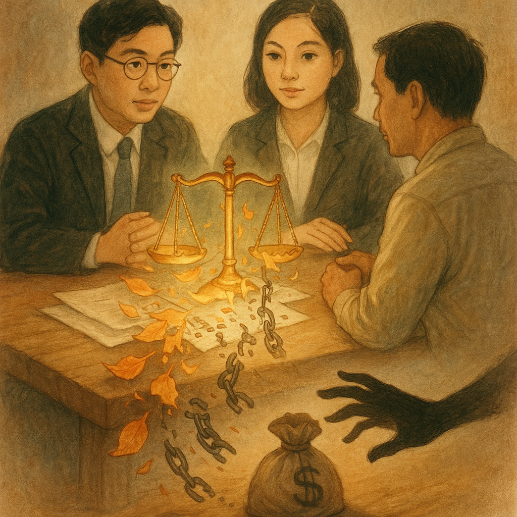 柔光下,兩位台灣律師與當事人圍坐木桌諮詢;桌上發光天秤微傾,契約卷散作落葉化為斷裂鎖鏈,陰影手正伸向錢袋;手繪質感、溫暖奇幻、自然光影,畫面無文字。