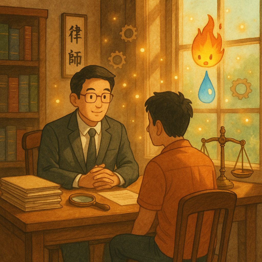 高解析度、溫暖手繪動畫風格：自然光灑入木質事務所，台灣律師與民眾對坐諮詢。桌上卷宗、放大鏡與天秤；窗外，火焰精靈化作水滴，象徵縱火罪的風險、責任與救濟。周遭光點與齒輪暗示常見問題的梳理，畫面無文字。