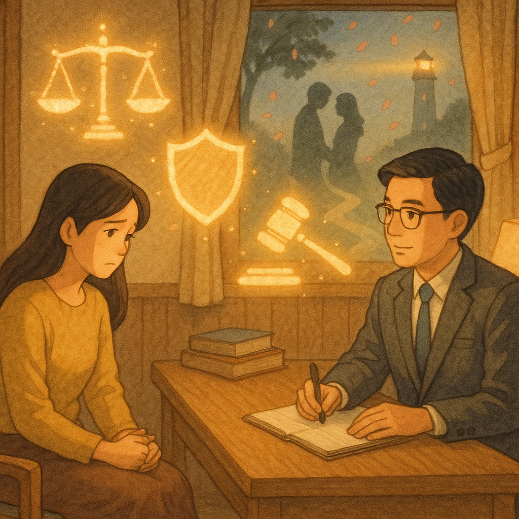 吉卜力式柔和自然暖光手繪風：台灣女性當事人與台灣專業律師在木質諮商室對坐，精靈般光點化作天秤、盾牌與法槌；窗外朦朧的約會剪影與落瓣象徵創傷，室內燈塔與小徑指向希望與行動。畫面無文字。