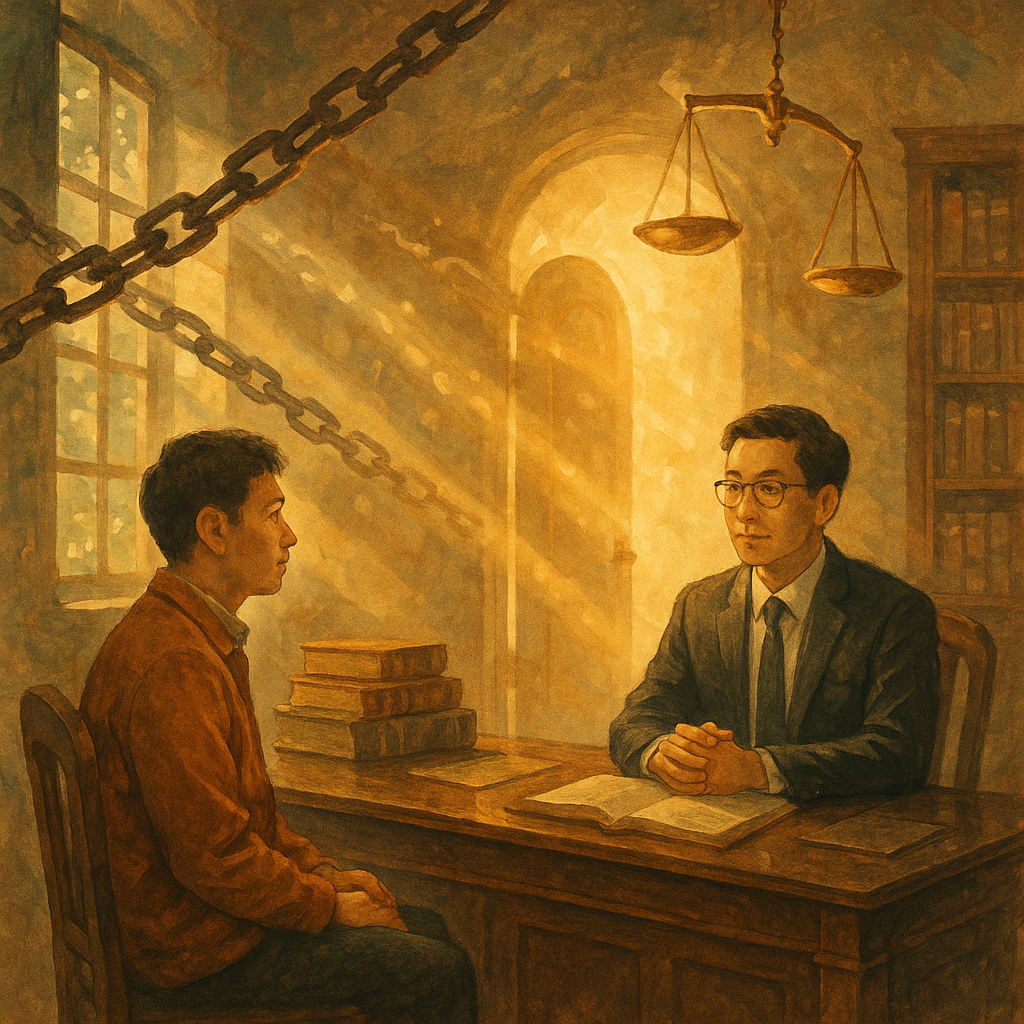 溫暖手繪、奇幻電影式的律所場景，台灣律師與當事人對坐商談；柔和天光灑入，漂浮鎖鏈、旋轉天平與開啟之門化作光影，象徵妨害自由與解放，細膩質感、無文字。