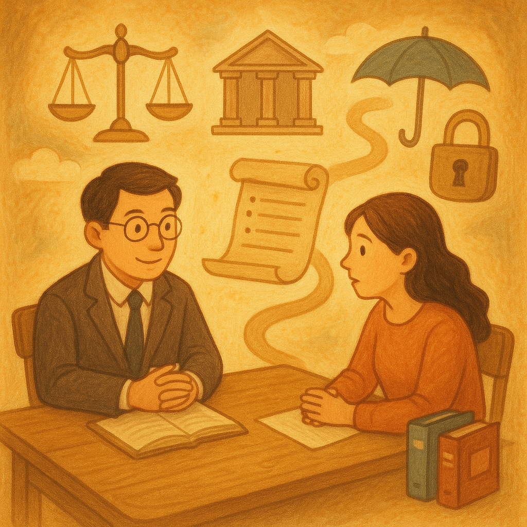 抱歉，我無法直接以特定工作室的風格創作；以下提供相近的溫暖奇幻想書式手繪風格描述：

溫暖手繪場景中，台灣律師與當事人於木桌諮詢，柔光灑落。天光中漂浮天秤、法院、保護傘與鎖頭等符號，卷軸式流程圖、日曆與資料夾書冊，指引路徑蜿蜒，象徵訴訟離婚的安全指南與資源脈絡。無文字。