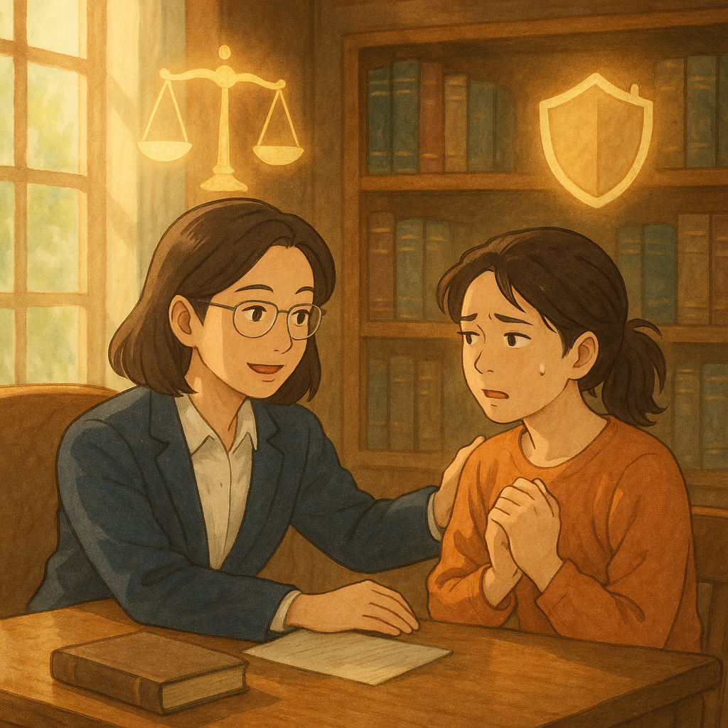 吉卜力風溫暖魔幻場景：台灣人女律師在木質法律諮詢室，柔光灑落，電影感鏡頭，安撫一位神情緊張的台灣女性。漂浮的天平、盾牌與安全屋圖示如柔和光影環繞，象徵家暴保護與解答；手繪質感、無文字。