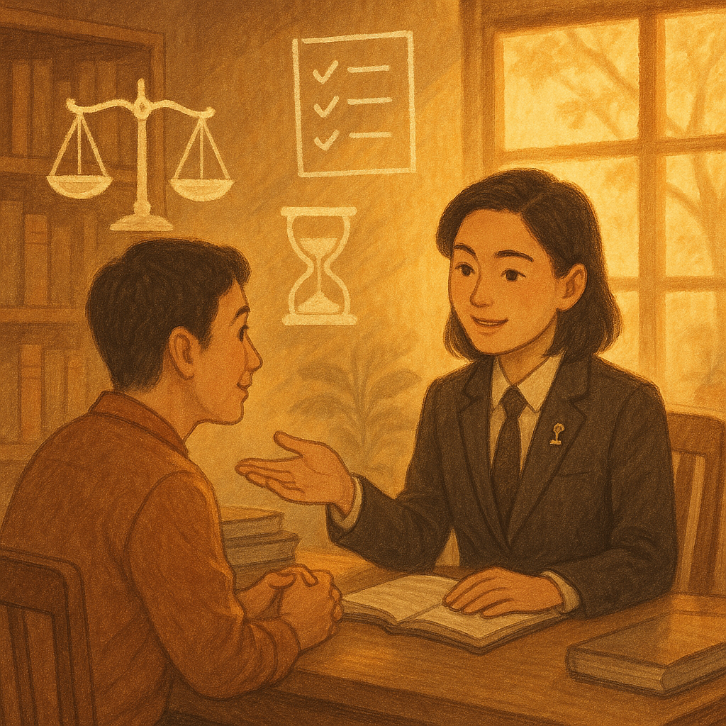 暖金色自然光灑入木質事務所，一位台灣律師與當事人溫和對談；周遭漂浮手繪符號：天平、勾選清單、沙漏與日曆，象徵緩刑條件與行動步驟。柔和色調與細膩筆觸，場景溫暖奇幻，角色表情專業有親和，畫面無文字。