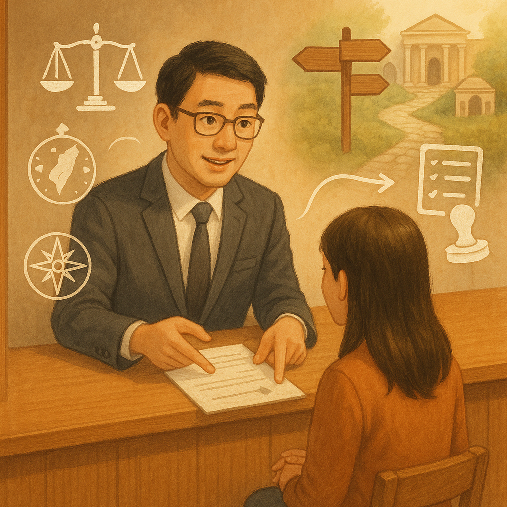 溫柔光影下,台灣人律師在溫暖木質受理窗口前指引民眾申請國賠;周圍漂浮手繪圖標:法院天平、地圖羅盤、清單勾選、章戳與流程箭頭,分岔指示牌通往各管轄法院的大門石徑,氛圍童趣而寫實、細膩有故事感、無文字。