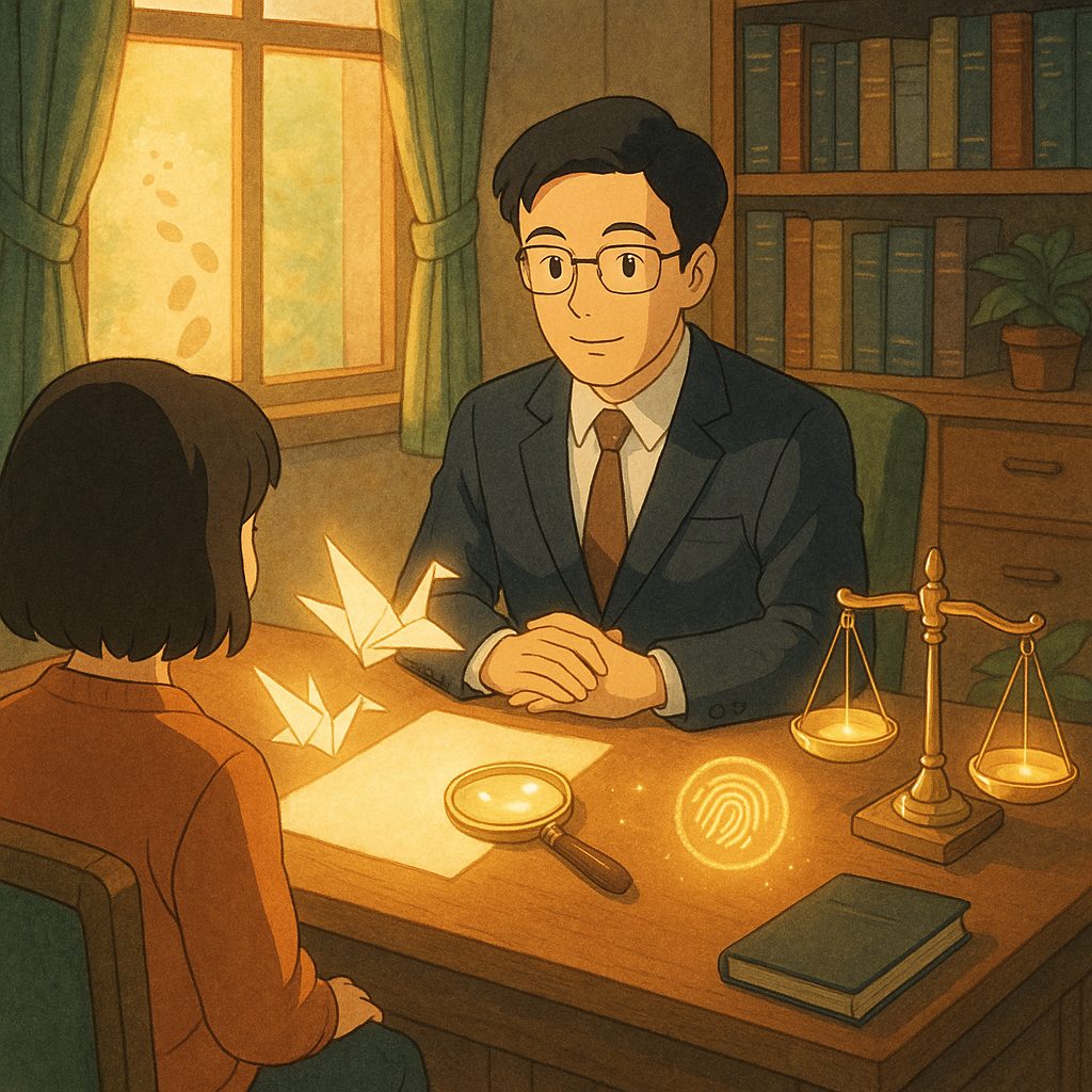 吉卜力風格的溫暖事務所，台灣人律師與當事人對坐諮詢；桌上空白文件在光中化作紙鶴、放大鏡與天秤，旁有指紋與水印發光，象徵偽造文書辨識；窗外柔光與手繪質感引導前行的足跡，傳達結論與行動指引，畫面無文字。