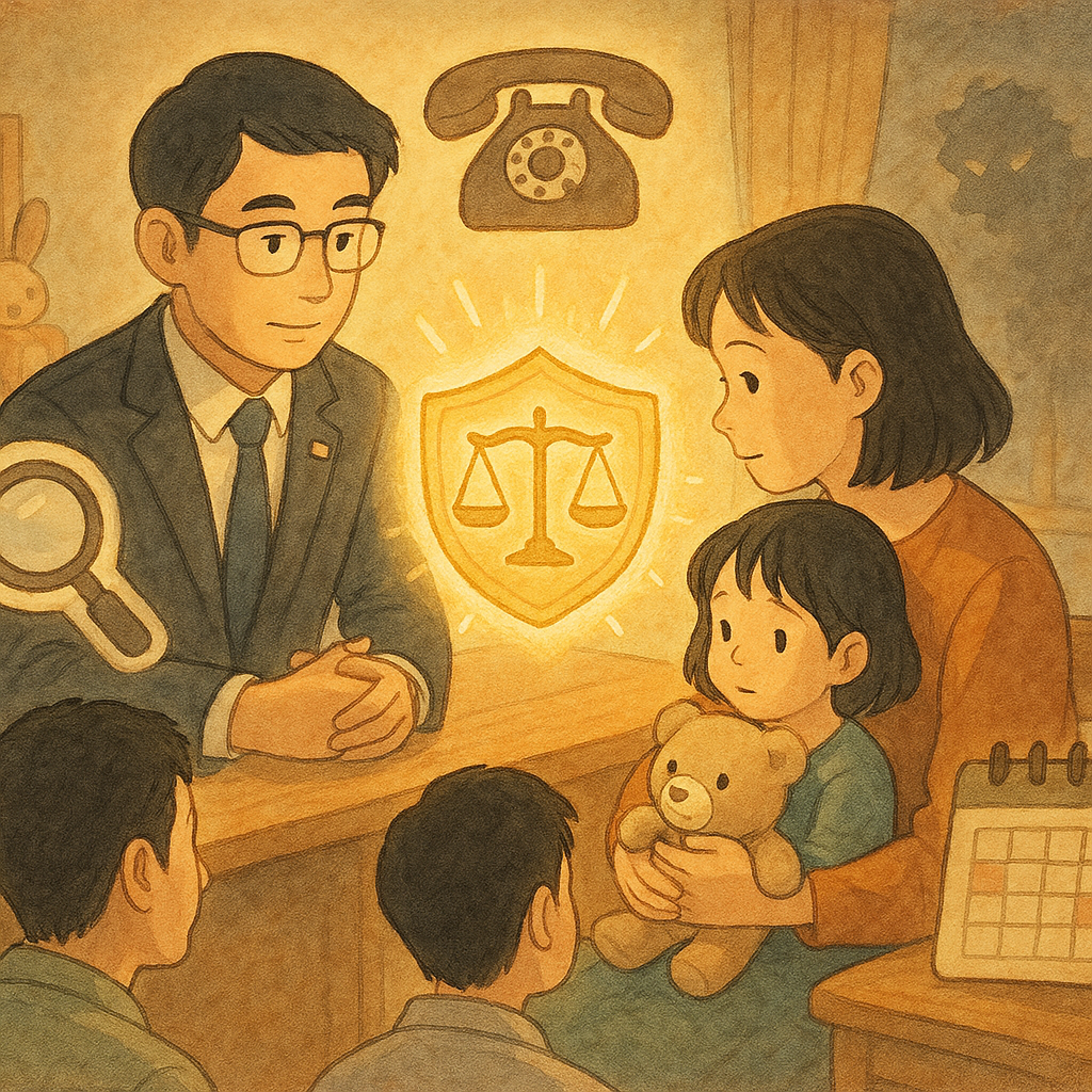 暖色陽光下，台灣律師與家長溫柔會談，懷抱娃娃的孩子被發光盾牌與天平守護；放大鏡、電話與日曆等圖示環繞，象徵蒐證、求助與行動指引，童房角落朦朧圍裙暗影化作小怪雲散去，吉卜力手繪質感、無文字。