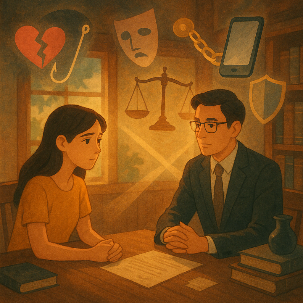 溫暖奇幻、電影感的手繪動畫風；台灣女子與台灣律師在柔色自然光的木質事務所諮詢。周圍漂浮破碎愛心魚鉤、面具影、手機與金錢鏈、天秤與盾牌、放大鏡化作分岔光路，象徵感情詐騙爭議與行動策略。畫面無文字。