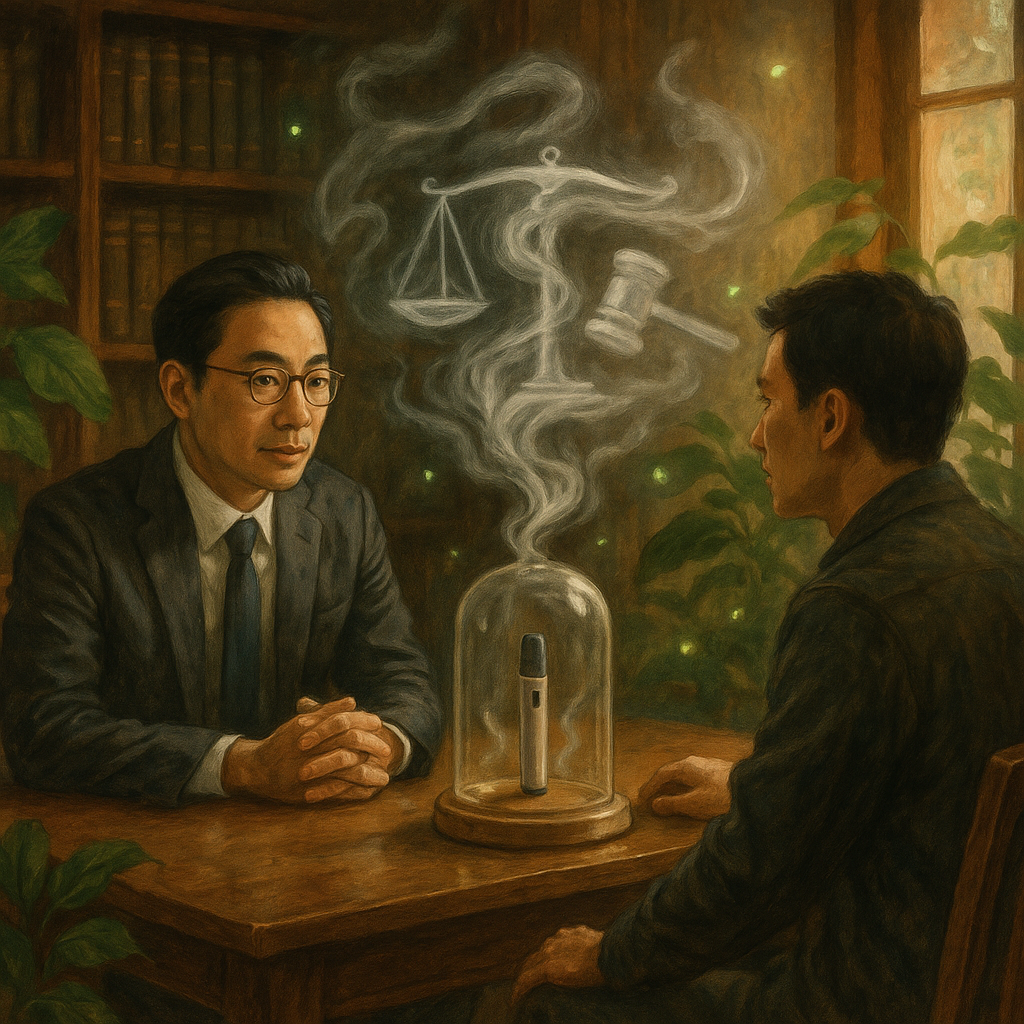 溫暖木質律所裡，台灣律師與當事人細談；自然柔光下，玻璃罩內的依托咪酯煙彈化作銀色霧絲，盤旋成天秤與法槌圖像，周圍綠植與微光飛舞，手繪質感與電影感構圖，現實與奇想交織，無文字。