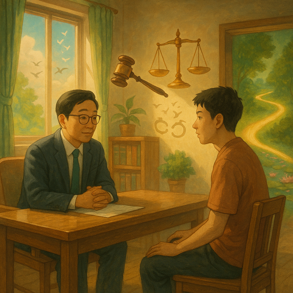 吉卜力風格的高解析度溫暖諮詢室內，自然光灑落，電影感。台灣律師與年輕民眾對談，旁邊漂浮法槌與天秤、化作鳥群的手銬與蓮池療園兩條發光小徑分岔，象徵勒戒與緩起訴；柔和色彩、手繪質感，無文字。