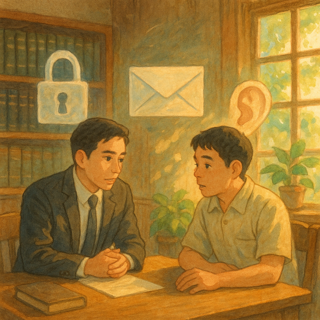 暖陽灑落的木質法律諮詢室內,兩位台灣人(律師與當事人)低聲交流;半透明鎖頭、信封與耳朵符號在空中緩緩漂浮,映著天光與綠植,象徵妨害秘密與守護隱私;無文字、吉卜力風、柔和筆觸。