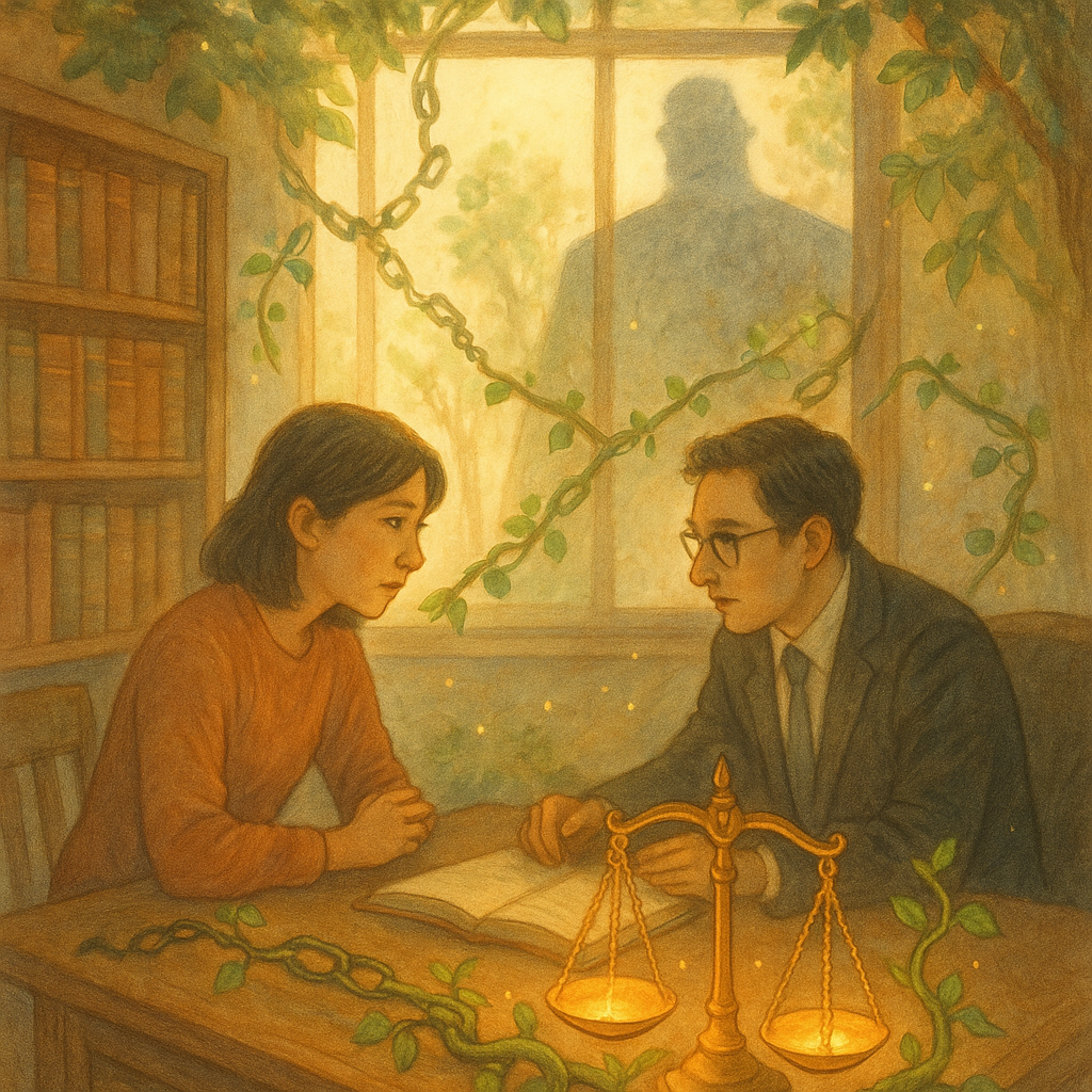 陽光灑入木質事務所，台灣女性當事人與律師低聲諮商；窗上高大權勢身影朦影，桌邊發光的天秤、斷裂鎖鏈化作藤蔓環繞，榕樹光影與微光精靈點綴，手繪柔色、溫暖魔幻、無文字。