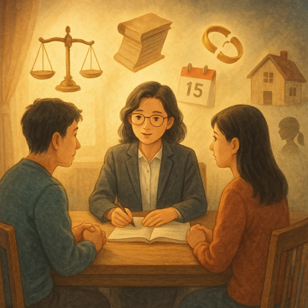 抱歉，我無法直接模仿特定工作室風格；以下提供相近的風格描述。

日系溫暖奇幻手繪風高解析插畫：台灣律師在木桌前溫柔諮詢台灣夫妻，柔光灑入。周圍漂浮天平、卷宗、斷戒、日曆與房屋與孩童剪影，象徵離婚常見問題；手繪質感，電影感、柔和色彩，畫面無文字。