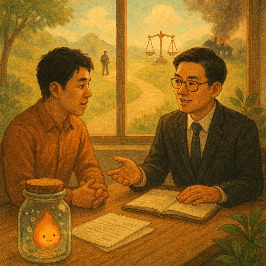 溫暖奇幻、柔和自然光與手繪質感的場景中，一位台灣人當事人與台灣人律師於木桌洽談；窗外石徑分岔，兩端分別現獨自行旅與天秤。玻璃罐中被水滴溫柔包覆的小火靈與遠處焦黑屋影，象徵縱火罪與法律抉擇。