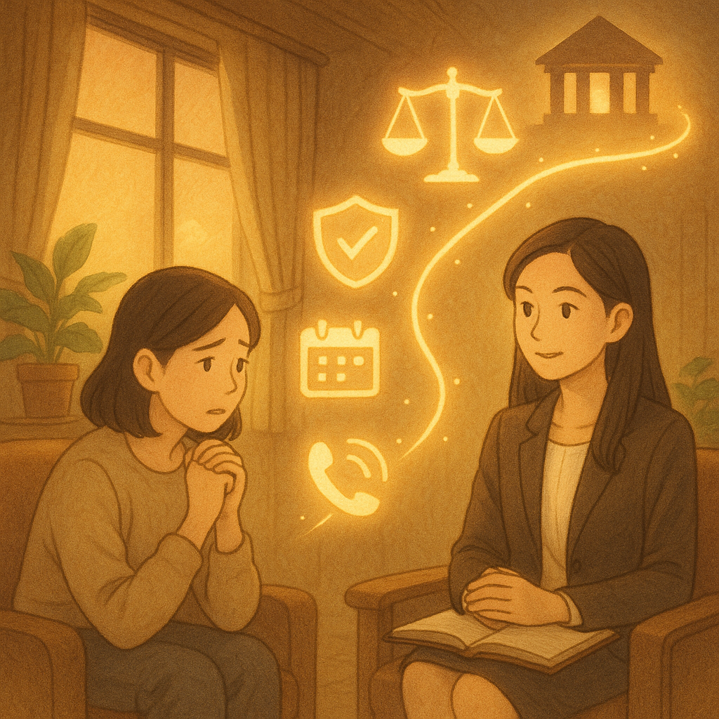 柔光下的諮商室，兩位台灣人—受害者與專業律師—溫和對談；手繪質感中漂浮象徵性圖示：天秤、盾牌、日曆與求助電話圖標，化作發光路徑通往遠方法庭剪影；植栽與木質紋理營造吉卜力式溫暖魔幻感，無文字。