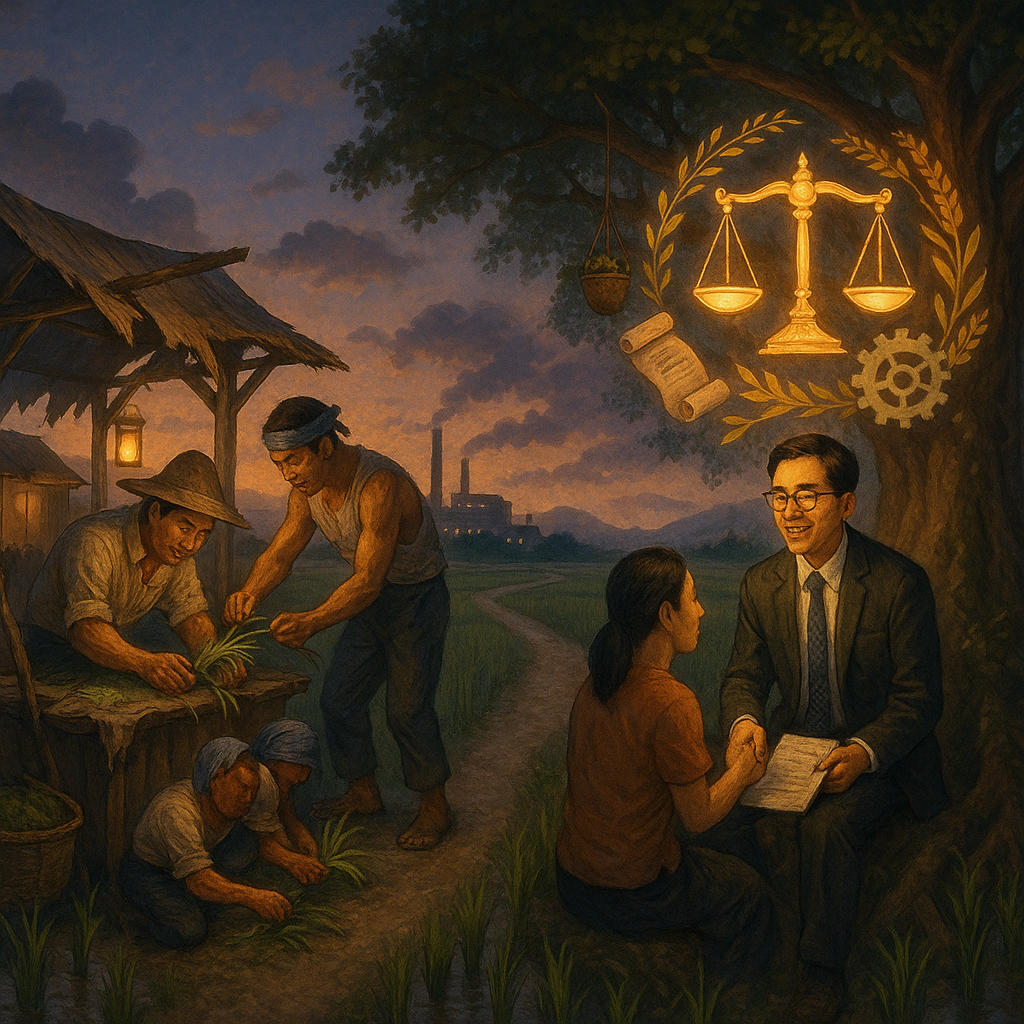 暮色下的稻田與工廠交界，一條分岔小徑通向兩端：一端是台灣農夫與店家自力修復受損作物與攤位；另一端是表情真摯的台灣律師在榕樹下溫暖諮詢，發光的天秤、卷宗與齒輪稻穗環繞，手繪質感、柔光魔幻。