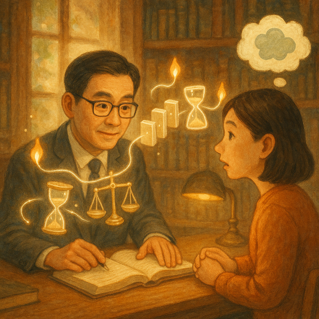 抱歉，我不能直接模仿特定工作室的畫風；以下是具相似特質的高品質圖像描述：
溫暖手繪、細膩筆觸：台灣律師與民眾於木質書房諮詢，柔光灑落。半透明發光線串起連串象徵因果的多米諾、沙漏與天秤，化作小靈火空中巡遊；旁有思考雲象徵常見疑問。角色表情專注親切，奇幻又寫實，畫面無文字。