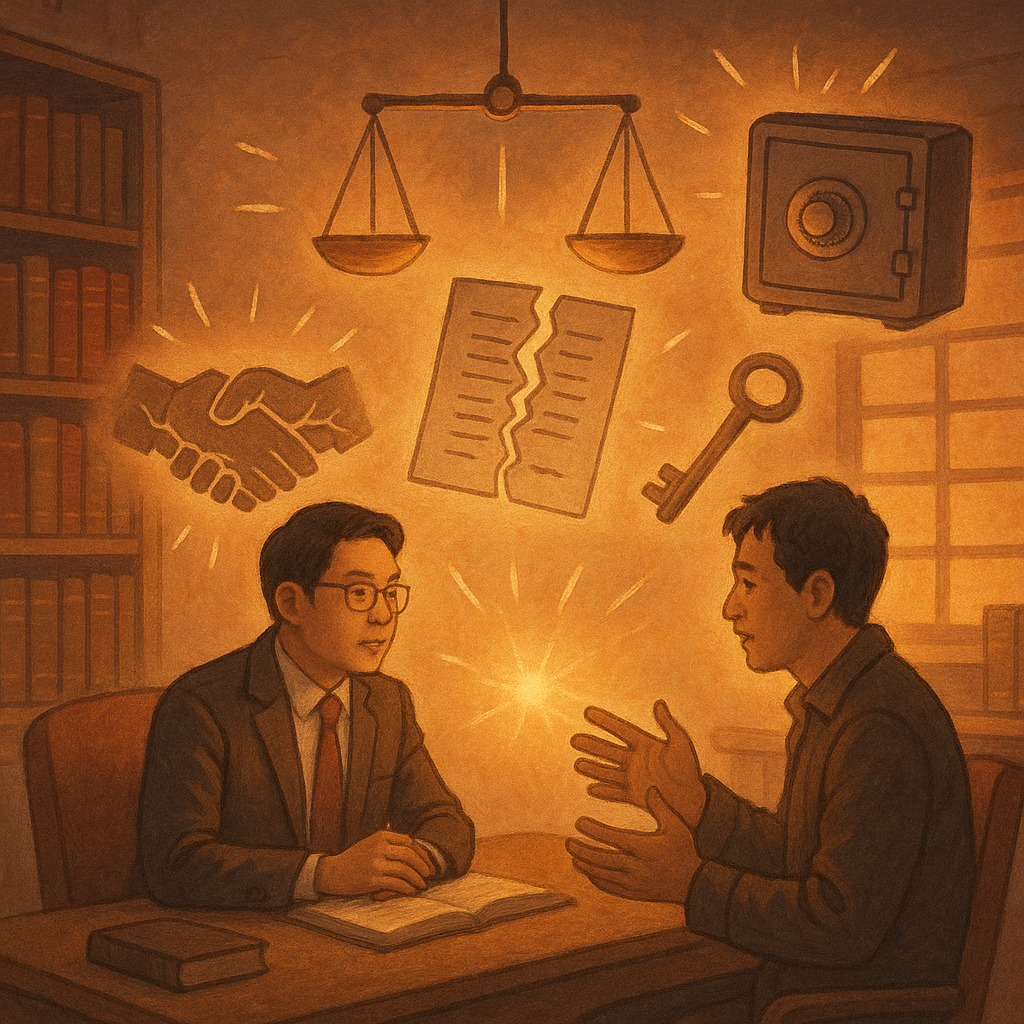 抱歉，我無法直接依指定工作室風格創作；以下為具相近特質的描述：
黃昏暖光的法務書房裡，台灣律師與當事人對坐諮詢；空中漂浮天平、裂紋契約、鑰匙與保險箱、碎裂握手等符號，聚光指向爭議焦點；柔和色彩與手繪質感，魔幻寫實且沉浸，畫面無文字。