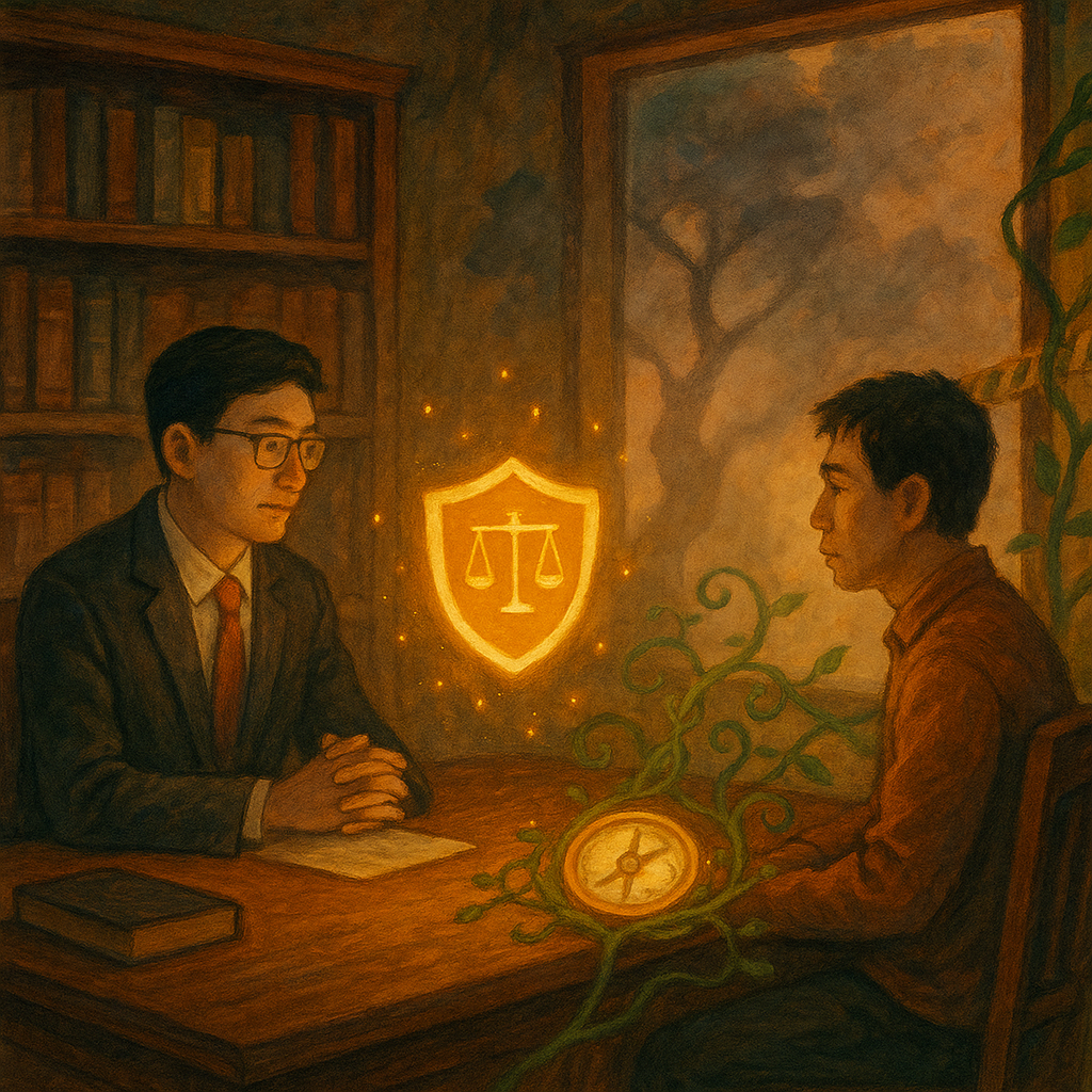 溫暖自然光下的魔幻手繪風，台灣律師與當事人在木質書房對坐。桌上漂浮象徵正當防衛的發光盾牌與天平化作螢火；窗外樹影凝成風險陰影與爭議迷霧，藤蔓織成警示帶引向防錯羅盤，無文字、沉浸感。