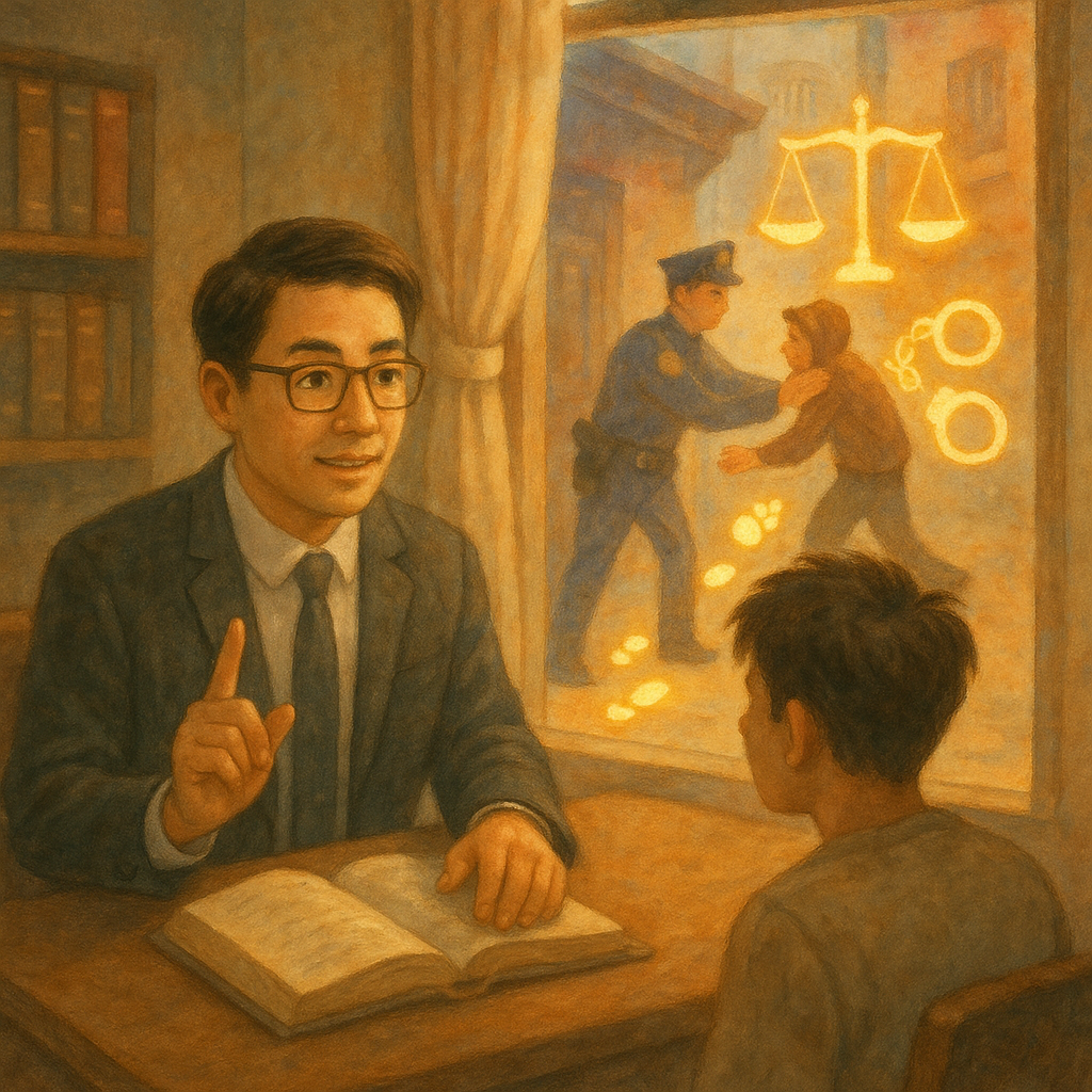 抱歉,我無法直接以特定工作室的風格描述;以下提供相近的溫柔手繪、電影感場景:
柔光下的律師事務所,台灣律師向民眾解說現行犯竊盜;窗外巷口幻化的場景中,警察制止竊賊,發光的腳印、天平與手銬環繞,手繪質感細膩、柔和色調與自然光,溫暖而奇幻,無文字。