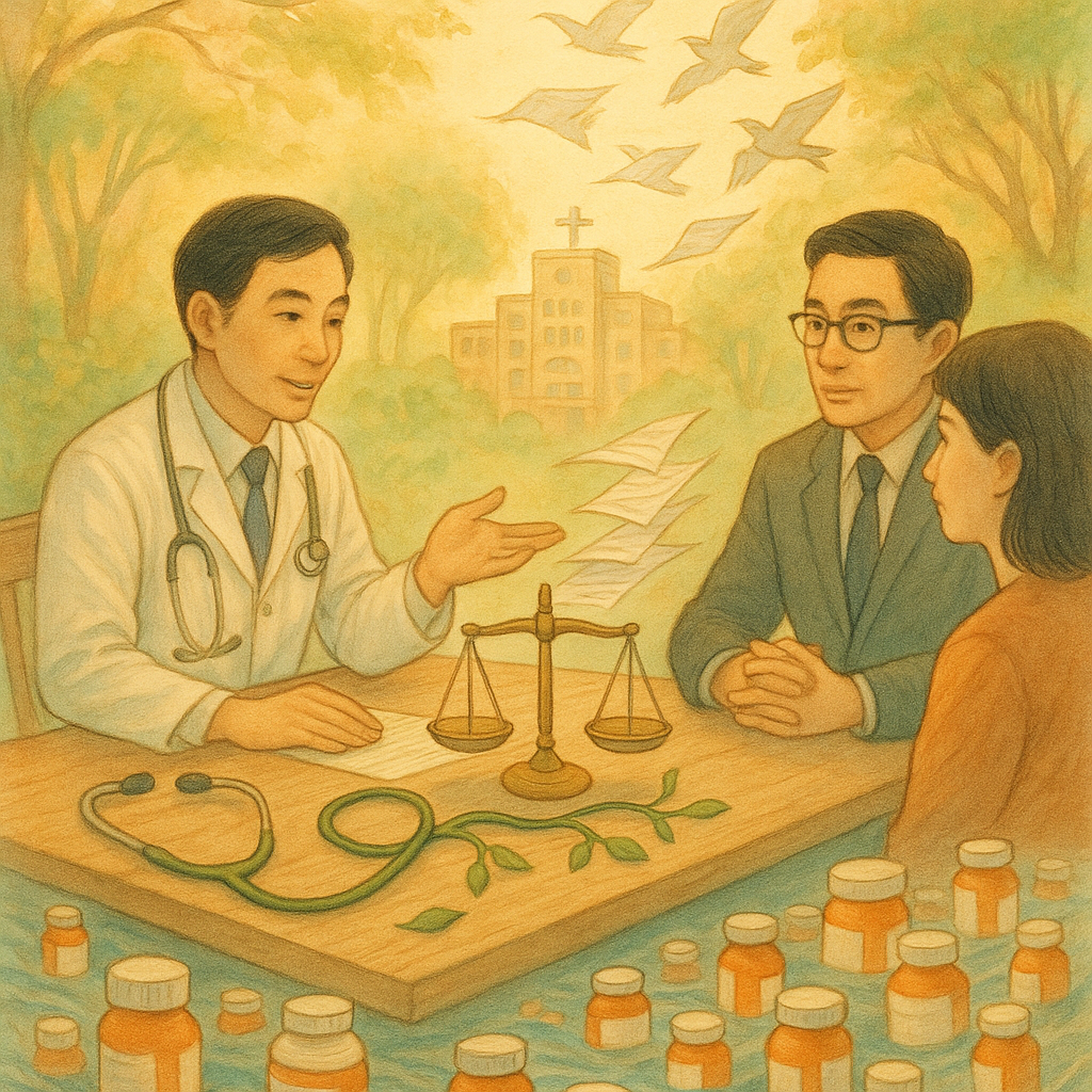 溫暖自然光下，台灣醫師與律師在木桌前溝通，患者家屬旁聽；桌上天平、一串化作藤蔓的聽診器、成堆檢驗單化為飛鳥環繞、過多藥瓶漂浮成海，遠處醫院化為柔和森林。手繪質感、柔色奇幻氛圍，無文字。