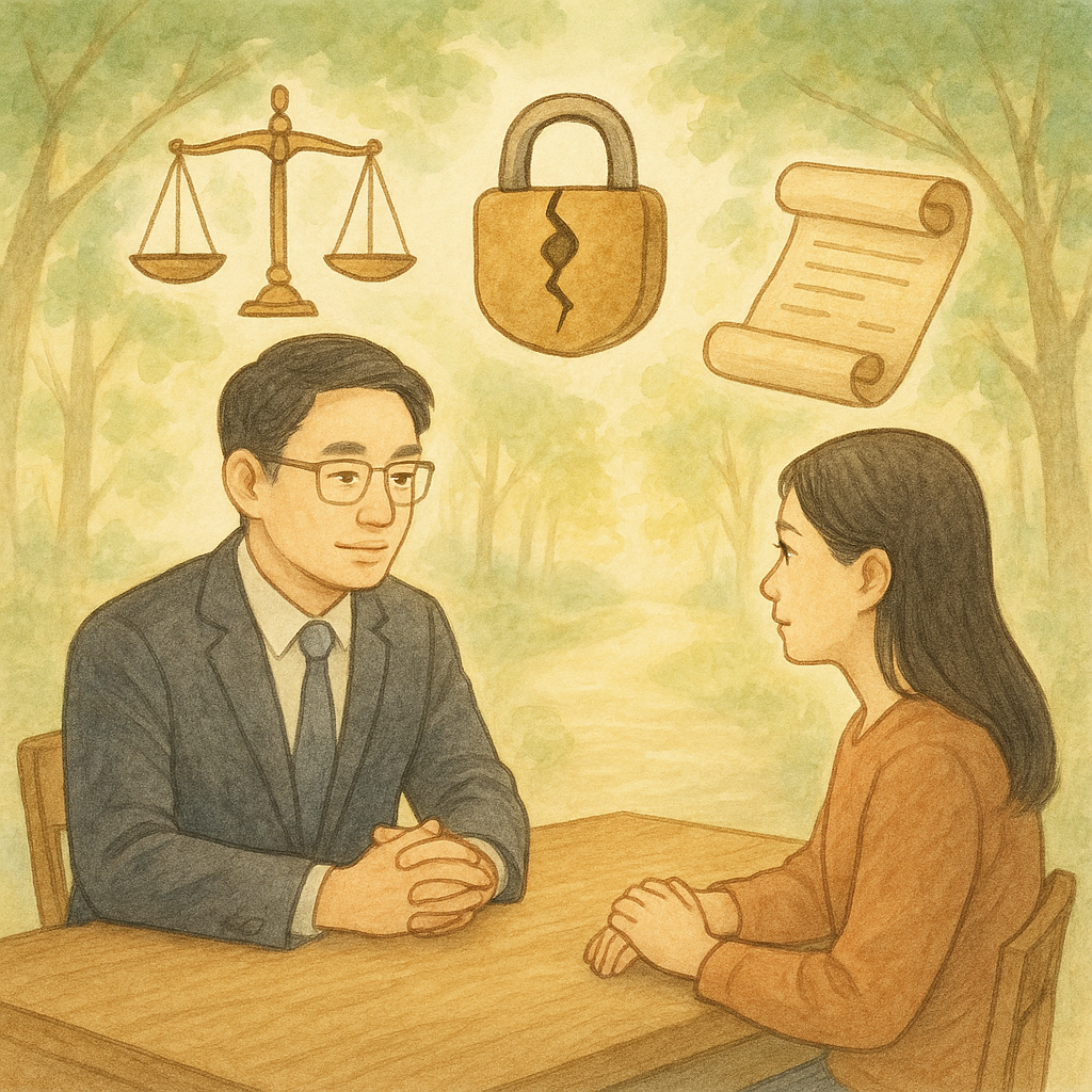 抱歉,我無法直接仿照特定創作風格;以下提供具相似特質的描述:
溫柔光影下,台灣人律師與當事人於木桌相談,神情溫和專業,手繪質感。天平、裂紋鎖與合約卷軸漂浮象徵背信與修復;淡彩樹影引出前方暖亮路徑,寓意結論與建議。無文字。