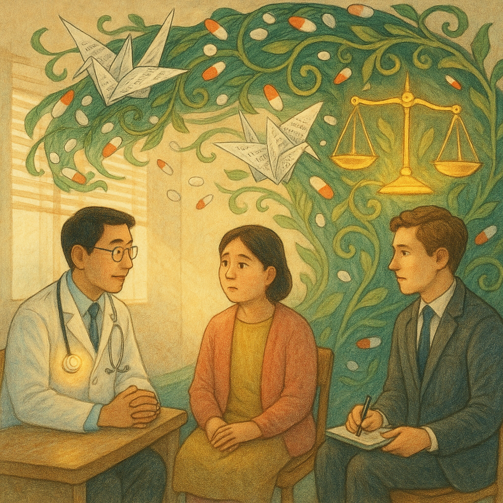 溫暖自然光下，台灣醫師、病人與律師在診間相對而坐；柔和手繪質感中，藥丸與檢驗單化作飛舞紙鶴與蔓藤纏繞成巨浪，象徵過度醫療壓力；天平與聽診器發光，引導理性結論。畫面無文字，童話般電影感。