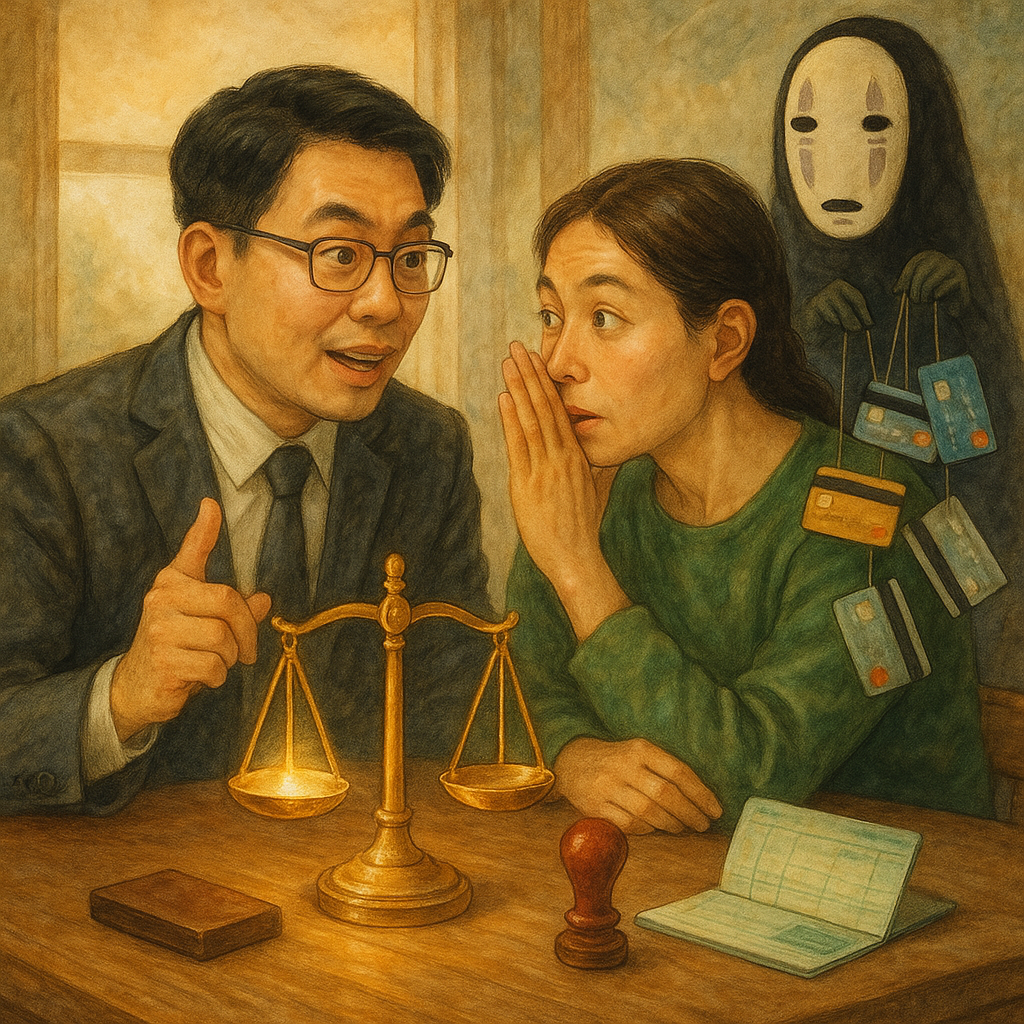 柔和自然光下，台灣律師與當事人表情豐富地於木桌低語，桌上浮現發光天秤、印章與銀行簿；角落無臉傀儡牽線多張提款卡象徵人頭帳戶，手繪質感、溫暖電影奇幻、細膩高解析、無文字。