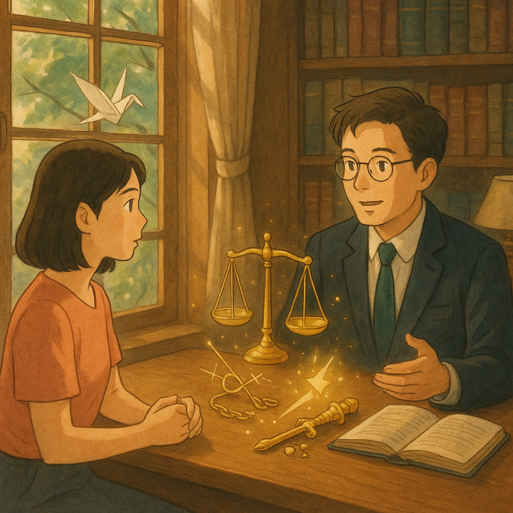 吉卜力風高解析手繪質感插畫：台灣成年女子與律師在溫暖木質事務所諮詢，柔光灑落。天平、剪斷的傀儡線與破碎權杖化作光點，象徵終結權勢壓迫與行動指引；窗外樹影與風飄紙鶴增添希望氛圍。畫面無文字。