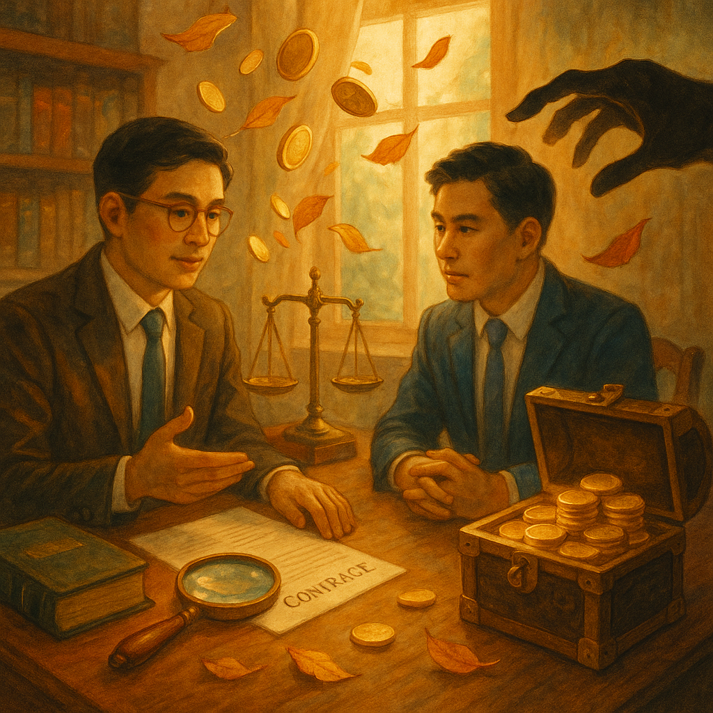 抱歉，我無法直接複製特定工作室的風格；以下以溫暖奇幻、手繪電影感呈現。

陽光瀰漫的木質事務所內，台灣律師與企業客戶對坐，桌上放大鏡映出合同、帳冊與天秤；金幣化作落葉旋繞，暗影手欲取金箱，柔和手繪質感、溫暖奇幻電影感。