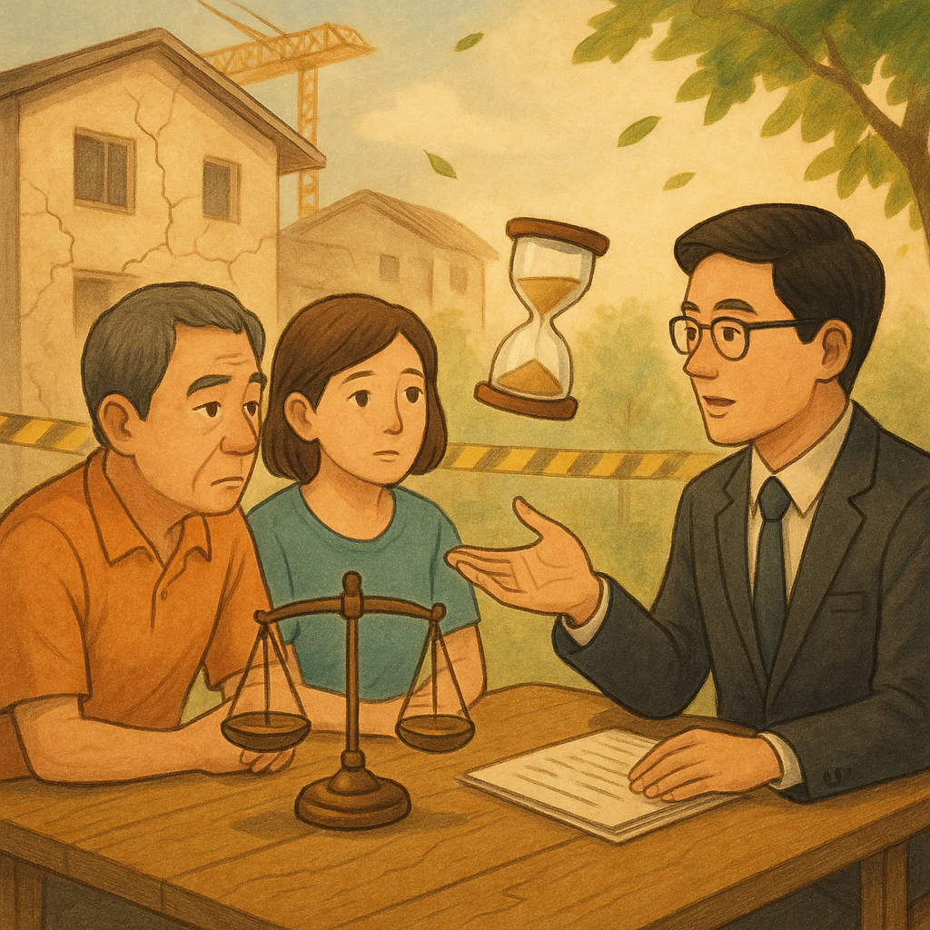 溫暖手繪動畫風：兩位台灣鄰居與台灣律師在木桌前諮詢，桌上天平與沙漏漂浮，象徵爭議與延誤。背景為施工中的住宅，牆面細裂、起重機與警戒線暗示鄰損責任；柔光與微風拂動樹葉，無文字。