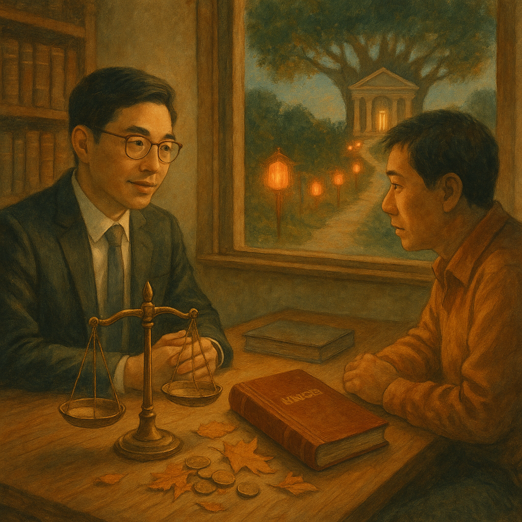 以柔和色調、自然光與手繪質感呈現，電影感的溫暖魔幻中，一位台灣律師與當事人於木質事務所對談；桌上天平、封鎖帳本與化作落葉的硬幣象徵侵吞；窗外燈籠小徑通往法院樹，喚起行動。