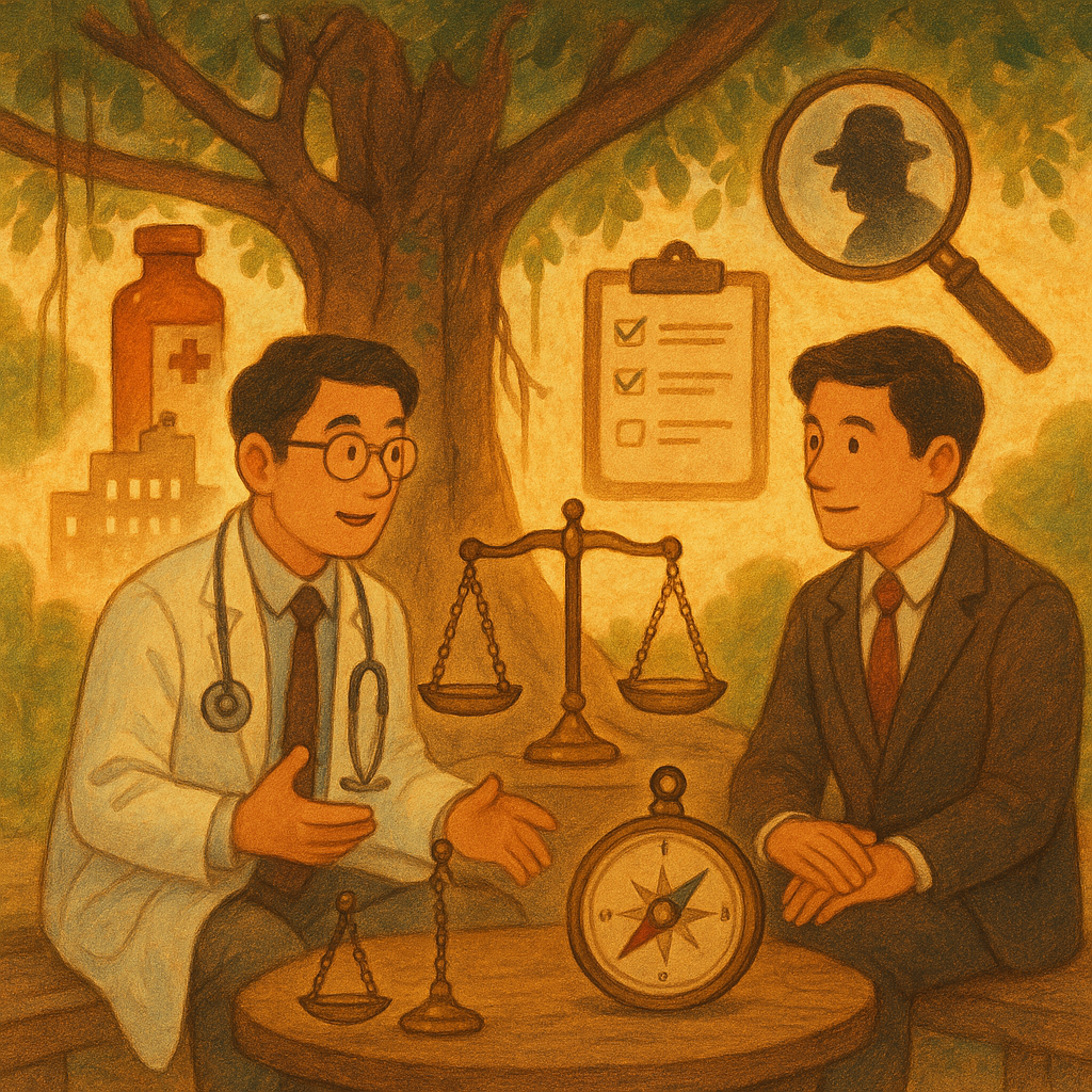 抱歉,我不能直接複製特定工作室的風格;以下是受溫暖、奇幻、手繪動畫特質啟發的描述:
柔和自然光下,兩位台灣醫師與律師於榕樹下會談;聽診器化作鎖鍊與天秤盤,藥瓶投影成醫院輪廓,放大鏡照出詐欺陰影;身旁浮現清單與羅盤指引行動;電影感暖色手繪質感、高解析度細節豐富、無文字。