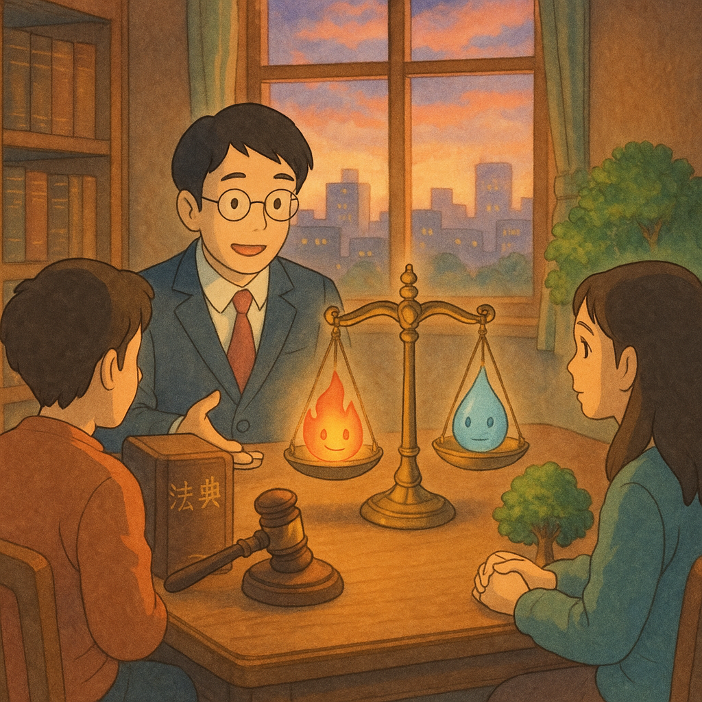 高解析度吉卜力風柔光插畫：台灣律師與民眾在木質事務所相談，窗外暮色城市。天光灑落，天平上火焰精靈與水滴對衡，法典、法槌與護城樹環繞，手繪質感溫暖奇幻，寓意縱火罪之審慎結論，畫面無文字。