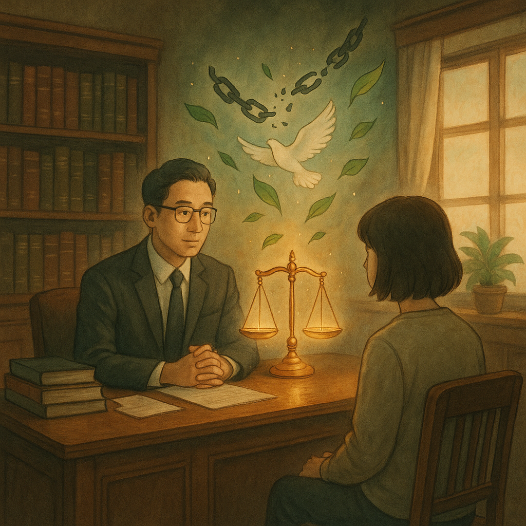 溫暖木質律所中,台灣律師與當事人對坐諮詢;柔光映著發光天秤、斷裂鎖鏈化作白鴿與葉片飄起,象徵強制罪的終結與結論的釐清,電影感手繪質感、吉卜力般溫柔魔幻、無文字。