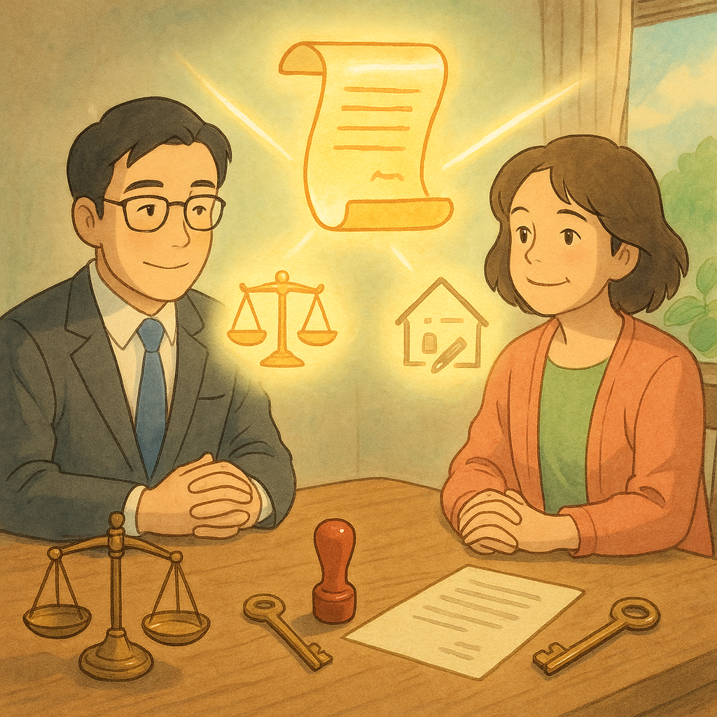 柔和色調與自然光的吉卜力風手繪奇幻場景：台灣律師與客戶表情溫暖於木桌前，漂浮發光的權狀卷軸分成兩條光路，旁有天平、印章、鑰匙與契約圖示，小場景呈現不同案例與策略差異、借名登記取捨。