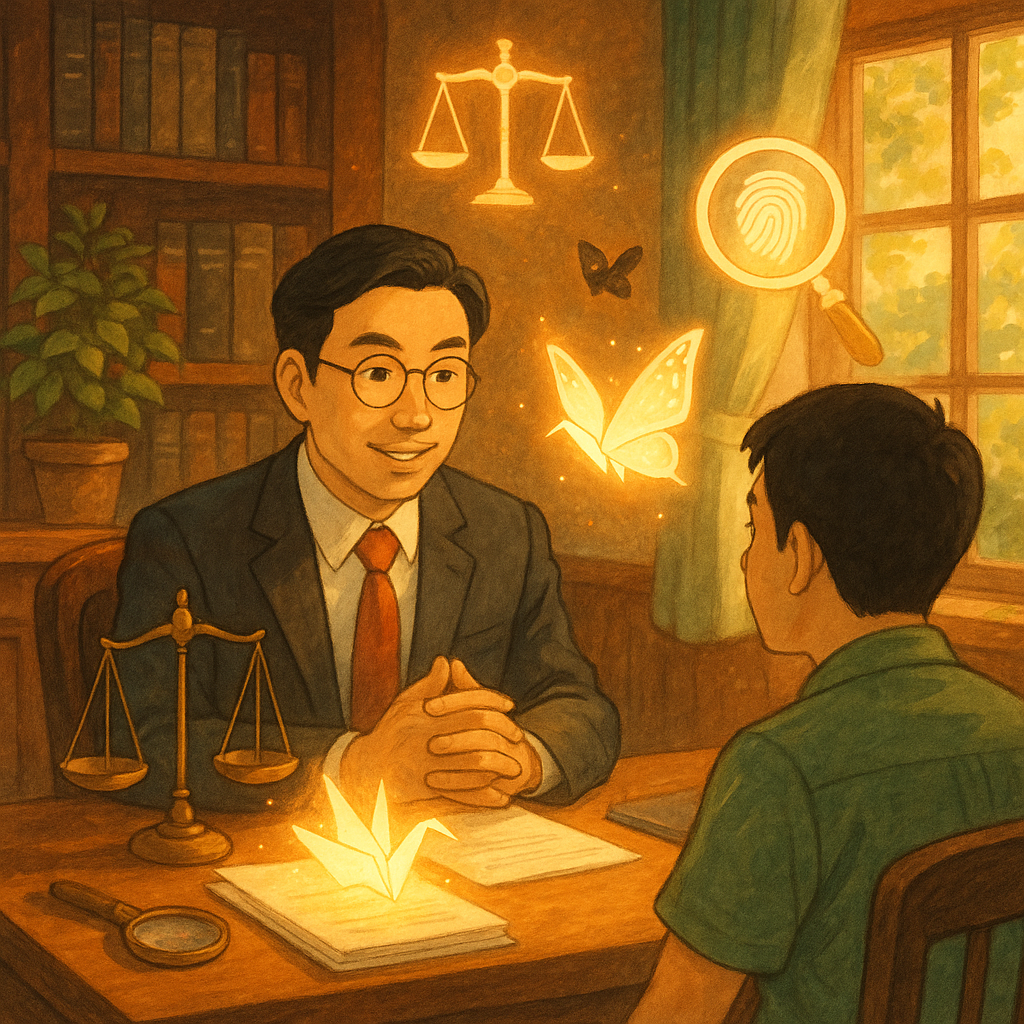 吉卜力風暖色手繪場景：台灣律師與民眾在木質事務所對談，柔光灑落，具電影感。桌上文件化作發光紙鶴與墨蝶，天秤、放大鏡與指紋圖樣在空中漂浮，象徵偽造文書的辨識與諮詢。自然細節豐富，無任何文字。