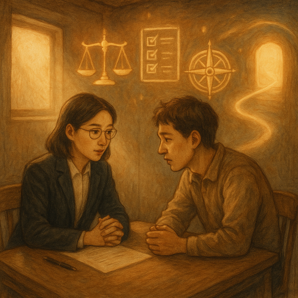 溫柔自然光下，台灣律師在偵訊室陪同當事人，神情專注、表情細膩；木質手繪質感與溫暖奇幻氛圍。空中浮現天秤、核對清單、羅盤與通往出口的光徑，象徵結論與行動建議，畫面無文字。
