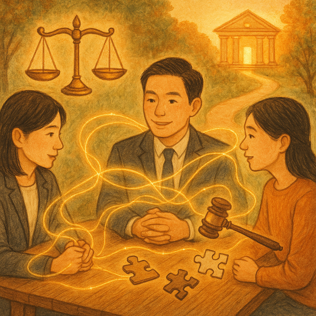 暖色自然光下，三位台灣人法律專業者與當事人圍坐木桌，手間流動金色光絲串連，象徵共同正犯的共同意圖；桌上漂浮天秤、法槌與拼圖碎片緩緩契合，遠處小徑通往發光法院，手繪質感、無字、童話般電影感。