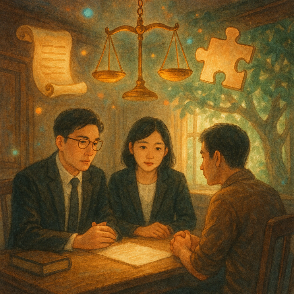 抱歉,我不能直接使用特定工作室的風格;以下提供相近氛圍的描述:
柔光下的木質事務所裡,兩位台灣律師與委託人圍桌低語,天花板懸浮天秤、契約卷軸與拼圖碎片;窗外榕樹葉影輕搖,幻彩光點環繞,手繪質感溫暖且奇幻,電影感氛圍,象徵背信罪爭議焦點。