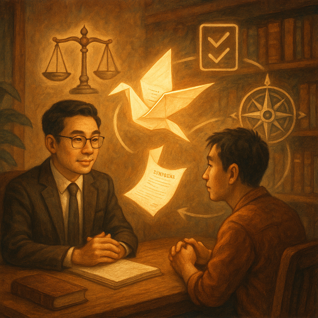 抱歉，我無法直接模仿特定工作室風格；以下為相近氛圍的描述：
溫暖柔光下，台灣人律師與當事人於木質書房對坐，一紙發光的傳票化作紙鶴盤旋，天平、羅盤與清單圖標環繞，指引行動路徑；高解析度手繪質感、奇幻寫實、無文字。