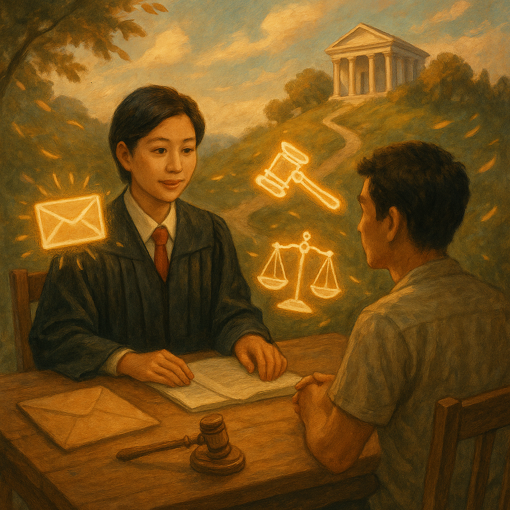 柔和自然光下，台灣檢察官與民眾在木質書桌前諮詢；信封、法槌與天秤化作漂浮光符，指向法院山丘小徑。手繪質感、電影感暖色微風，現實與奇幻交織，寓示檢察官傳喚與行動建議。