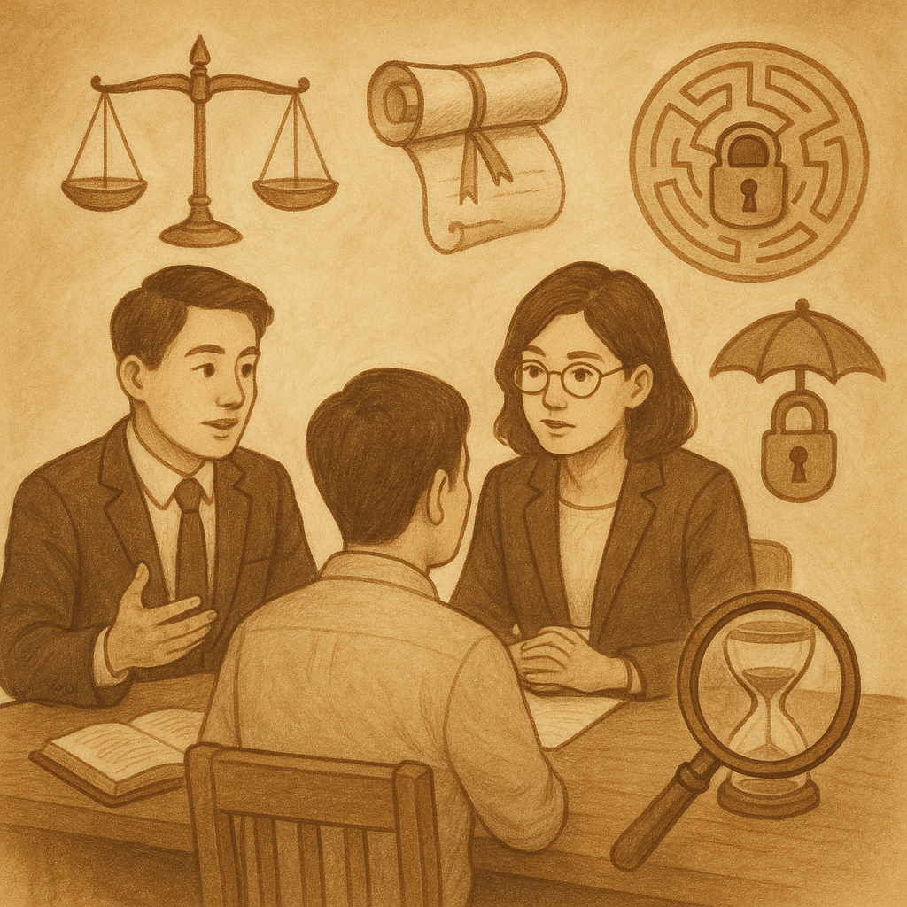 抱歉,我無法直接使用特定工作室的風格;以下提供具相似氣質的圖片描述:
柔光與溫潤色調下,兩位台灣律師與客戶在木桌前商談;身旁漂浮天秤、契約卷軸與迷宮路徑,鎖與保險傘護罩象徵風險控管,放大鏡照向沙漏暗示程序爭議與背信罪風險,全畫面手繪質感、無文字。