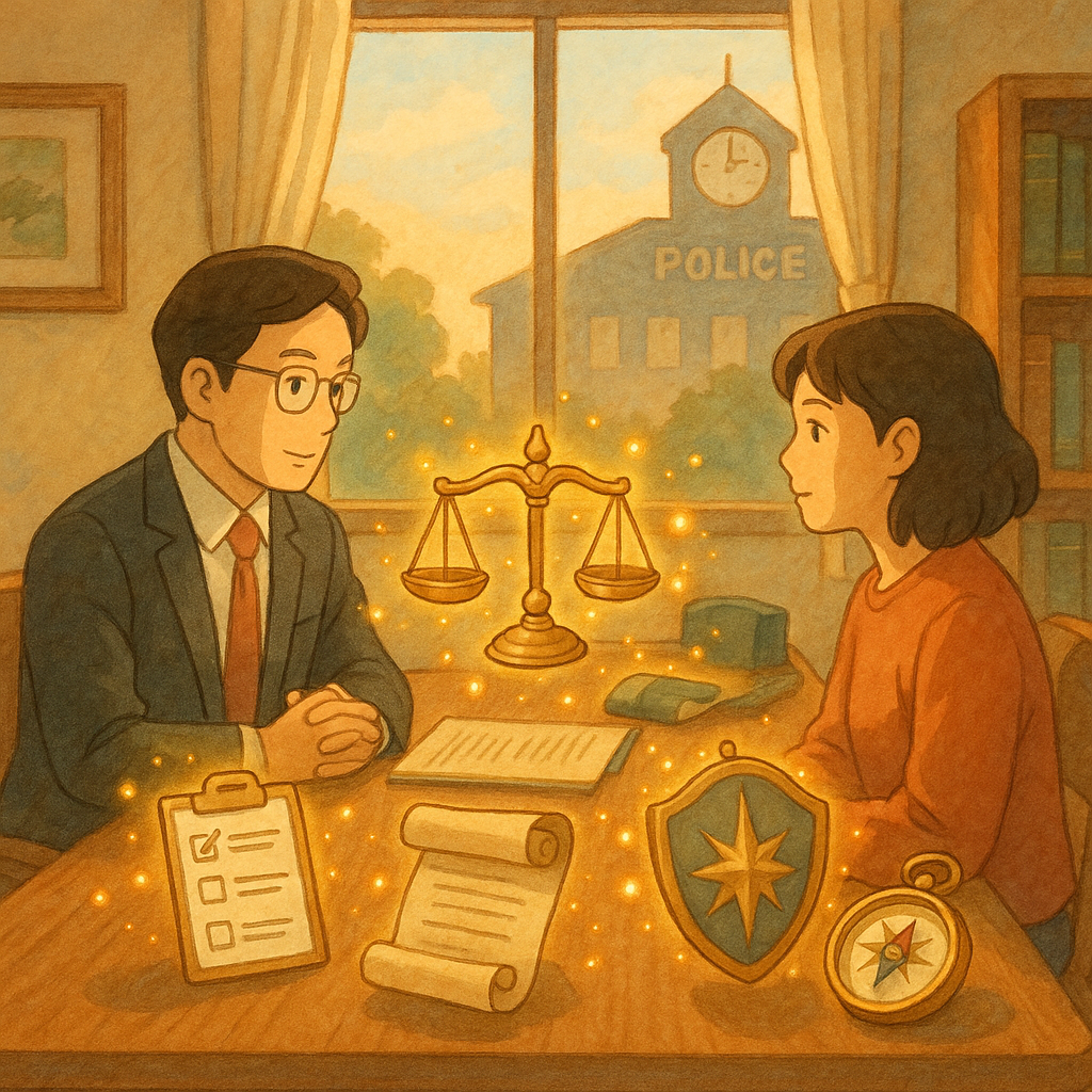 自然柔光下的溫暖辦公室，台灣律師陪同當事人對坐，桌上漂浮魔法光點環繞的天秤、檢核清單、筆錄捲軸、權利護盾與指引羅盤；窗外警局剪影與緩慢時鐘，吉卜力式手繪質感，無文字。