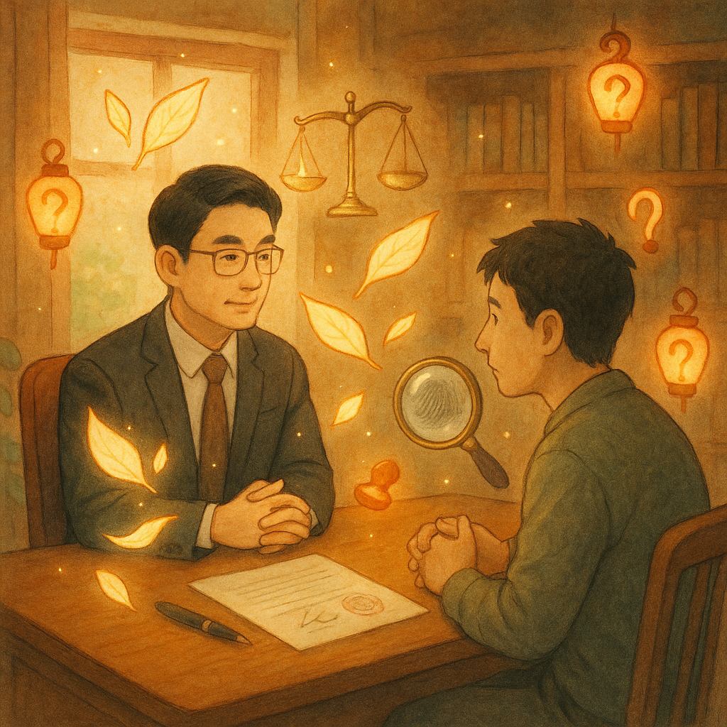 溫暖木質事務所中，台灣律師與民眾對坐諮詢，柔光灑落、柔和色彩。桌上漂浮的文件化作紙葉與印章螢火，天平微光懸空，放大鏡映出塗改痕跡與指紋。周遭小燈籠呈問號形，手繪質感、吉卜力式奇幻氛圍、無文字。