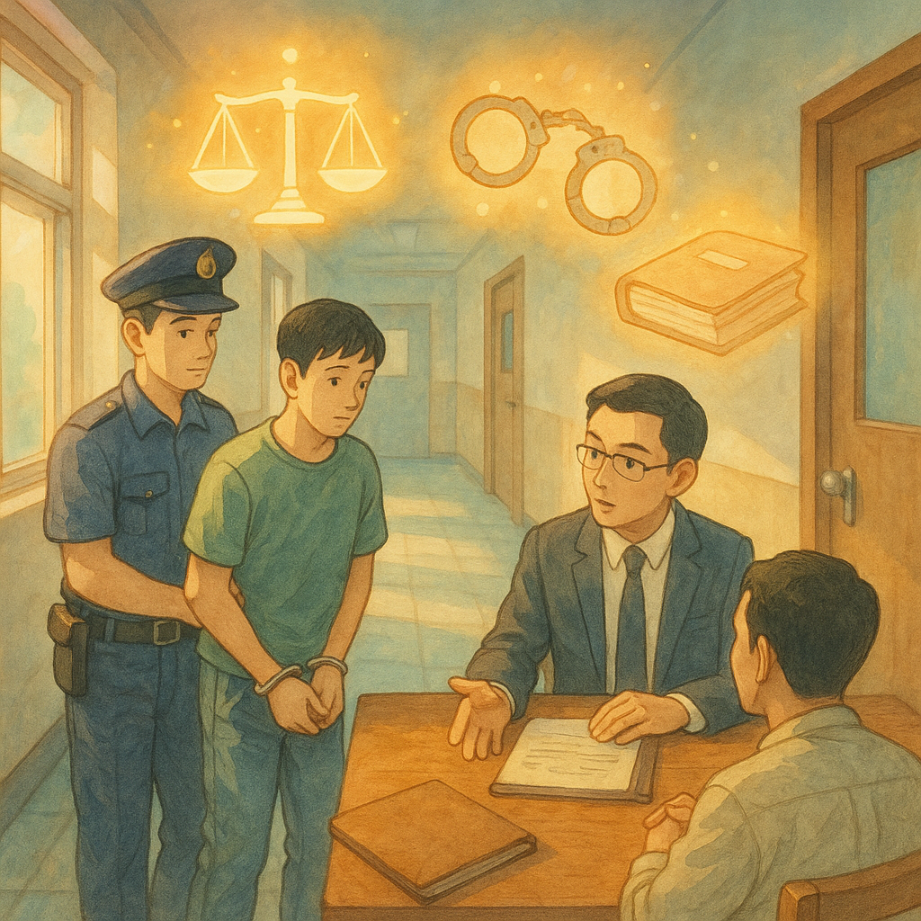 柔光下的警局走廊，台灣車手被溫和拘提，台灣律師在木質會議桌前諮詢；天光中漂浮天秤、手銬、卷宗與放大鏡等發光符號，映出實務攻防與案例爭點；吉卜力式手繪質感、柔和色調與自然採光，無任何文字。