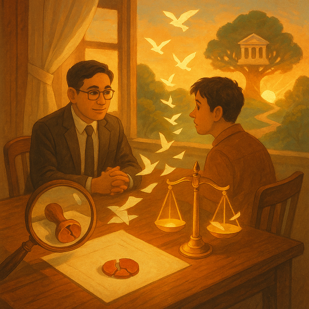 溫暖奇幻、電影感的手繪動畫風：台灣律師與民眾在木質桌旁諮詢，柔光灑入。放大鏡映出裂開的印章與空白文件，象徵偽造文書；天平發光，紙片化作白鳥引路通往樹形法院與朝陽，畫面不含文字。